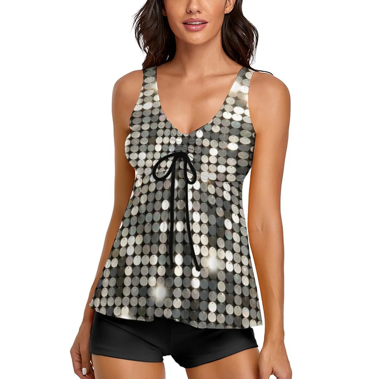 

Silver Metallic Print Swimsuit Glitter Sparkles Tankini Swimwear Two Piece Bath Swimsuits Female Sexy Bathing Stylish Beachwear