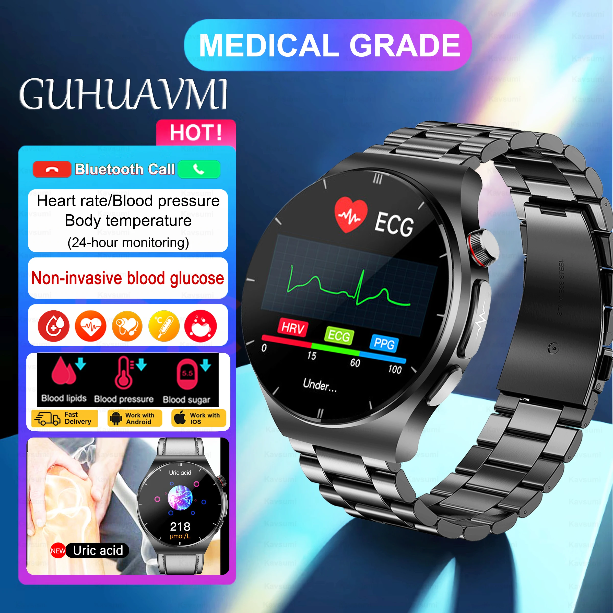 

2023 Thermometer Blood Lipid Blood Sugar Smart Watch Men Health Uric Acid HRV Monitor ECG+PPG Smartwatch Bluetooth Call Watches
