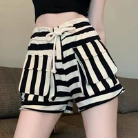 sexy high waist womens shorts 2022 summer new fashion cotton blend stripe splicing bandage irregular ladies skinny super short
