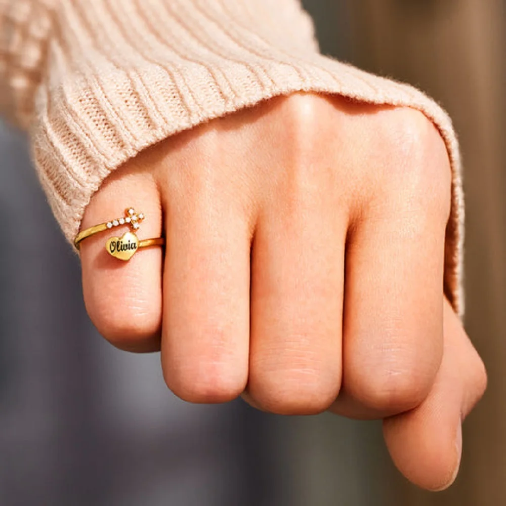 

Personalized Name Heart&Cross Ring Engraved Letter Rings With Cubic Zirconia Adjustable Stainless Steel Rings Couple JewelryGift