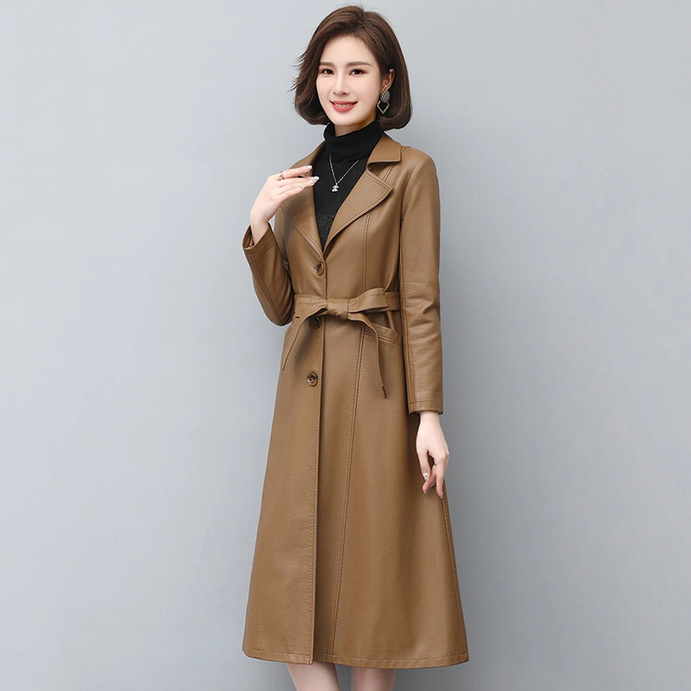 New Women Leather Trench Coat Spring Autumn Fashion Classic Suit Collar Long Sheepskin Outerwear Slim Split Leather Tops Coat