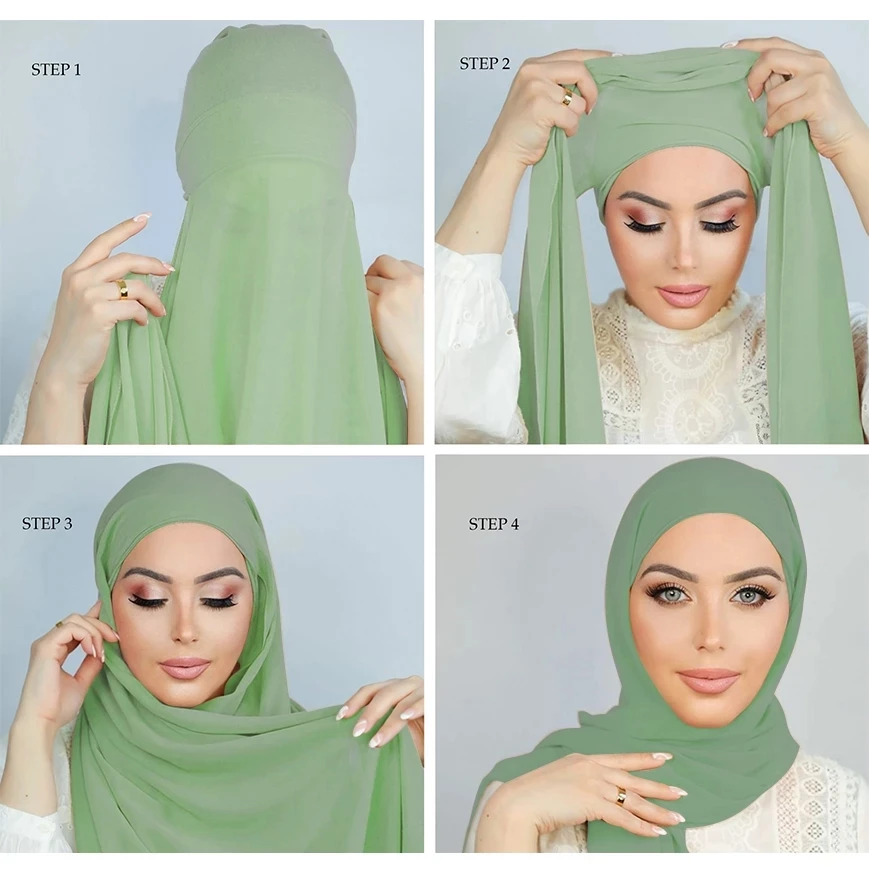 2023 Muslim Women Chiffon Hijab With Cap Bonnet Instant Chiffon Hijab Pinles Shawl Head Scarf Under scarf Caps Cover Headwrap