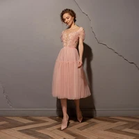 illusion scoop aline evening dress tea length draped flower applique prom dresses for women 2022 simple celebrity gown 2022