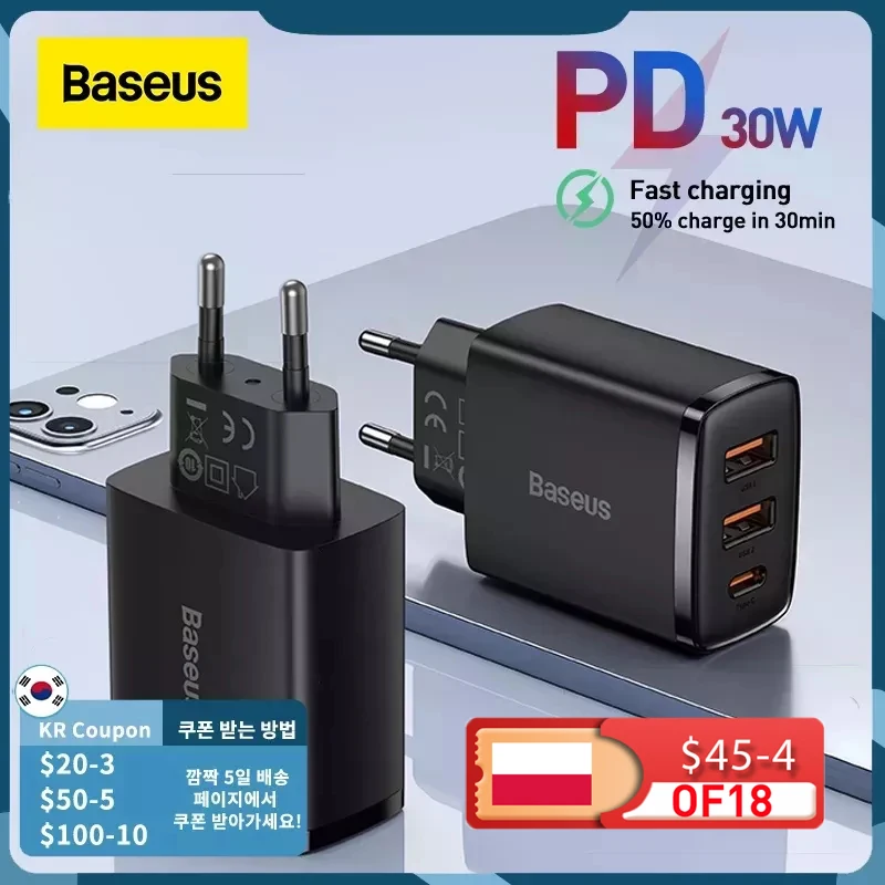 baseus usb type c charger 30w portable usb c charger for iphone 13 12 pro max support type c pd fast charging for samsung xiaomi free global shipping