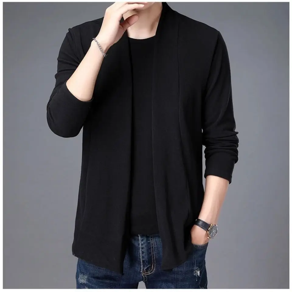 Spring Autumn Black Grey Knitted Cardigan Slim Handsome Double Faced Velvet Open Stitch Short Keep Warm Tops Skin Friendly Shirt