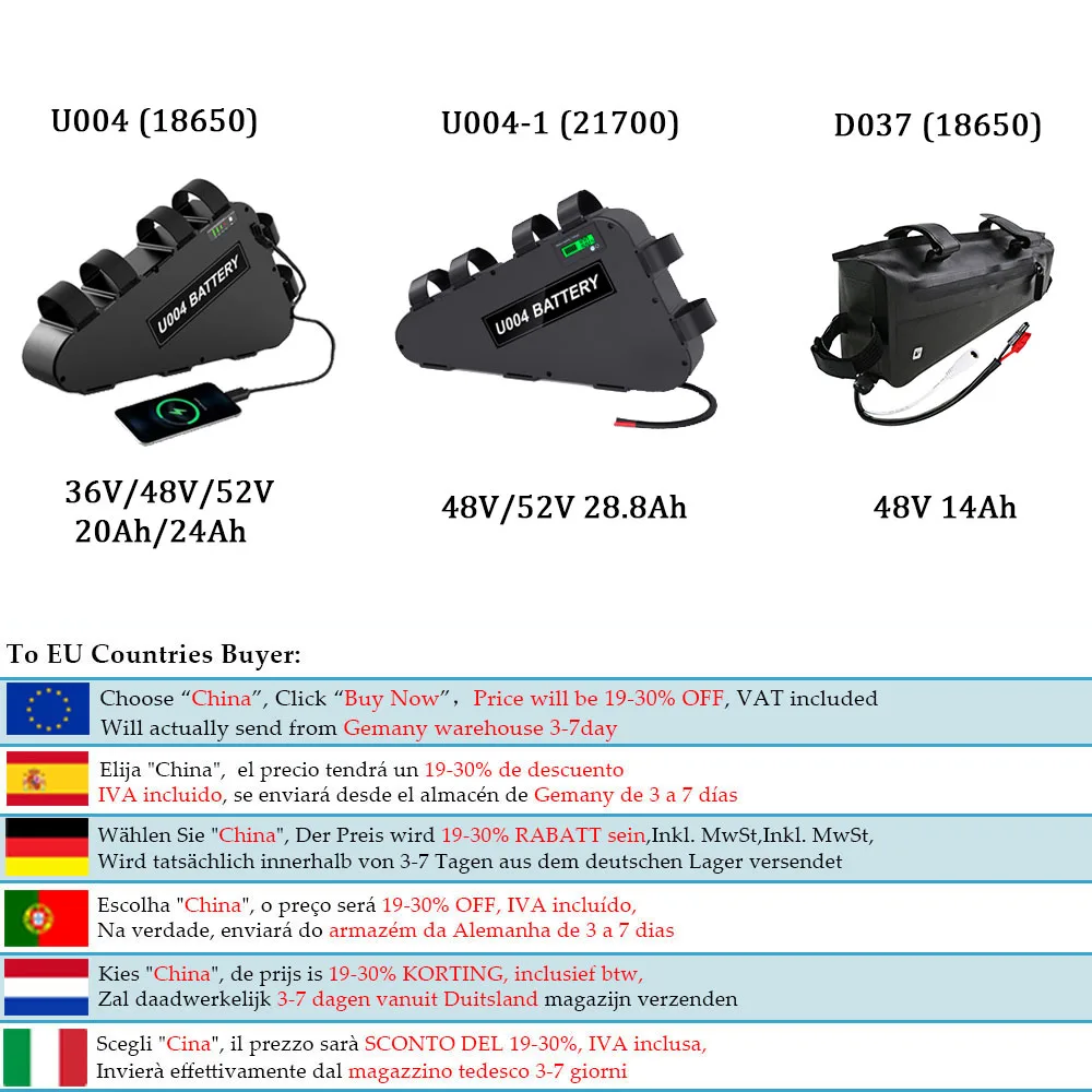 Треугольная батарея 21700 LG 52V 48V 28.8Ah 24Ah 36В 20Ah 72В 19.2Ah Panasonic eBike для 2000W 1500W 1000W 750W 500W