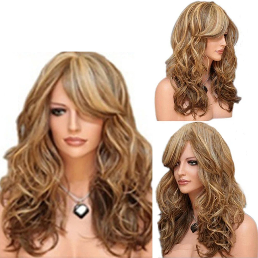 

European and American Wig Fashion Women Gradient Golden Long Curly Hair Cosplay Wig Black Gradually Wine Red Wigs