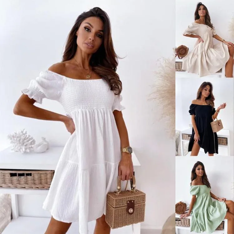 

Summer Women Slash Neck Pleated Short Sleeve Solid Loose Mini Dress Casual Women Party Short Backless Party Dresses