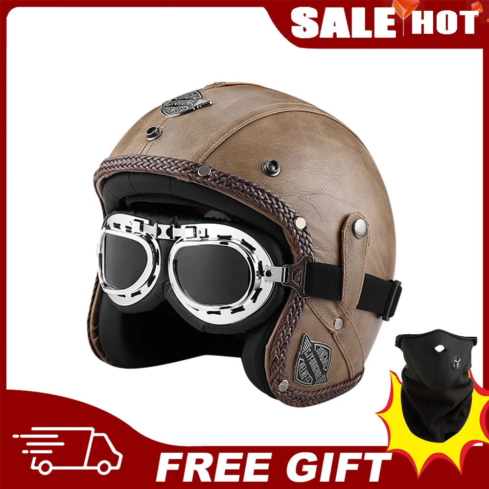 

High Quality German PU Leather Helmet Vintage 3/4 Motorcycle Open Face Helmets With Goggle Chopper Retro Scooter Motorbike Casco