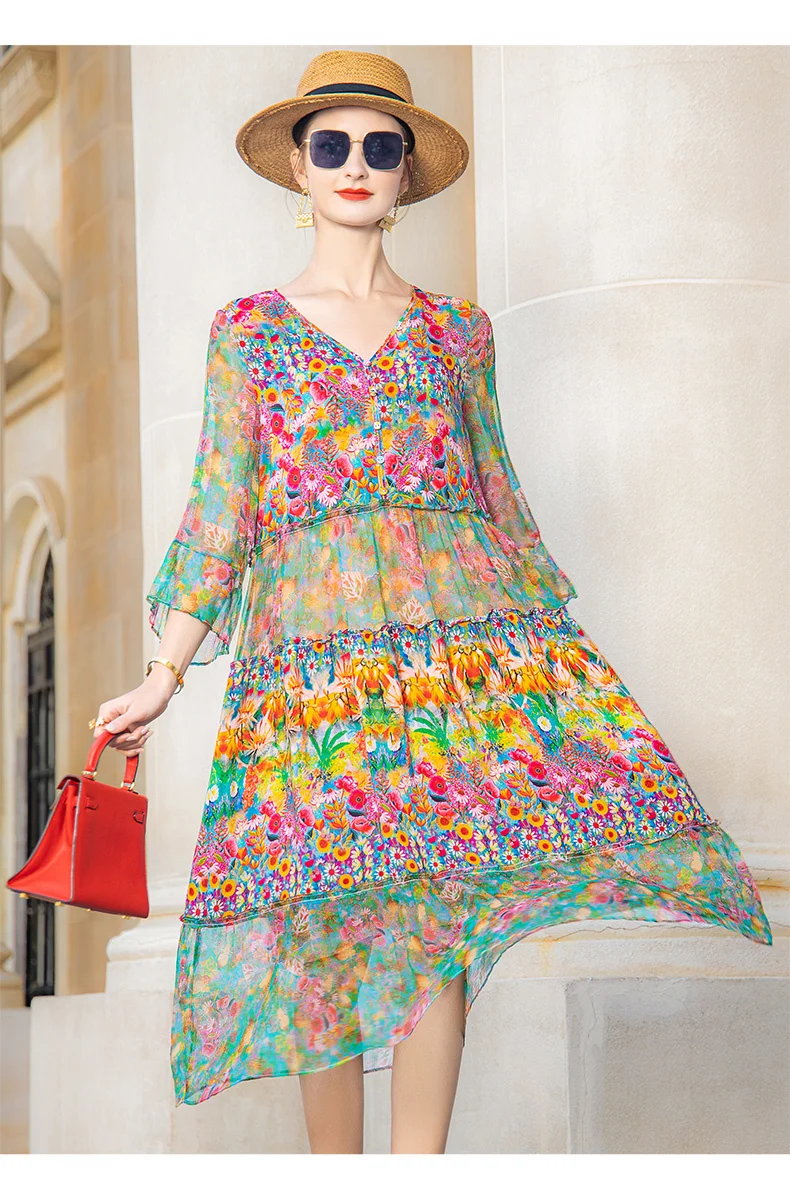 

Женское пляжное платье-миди из шелка тутового шелкопряда с цветочным принтом