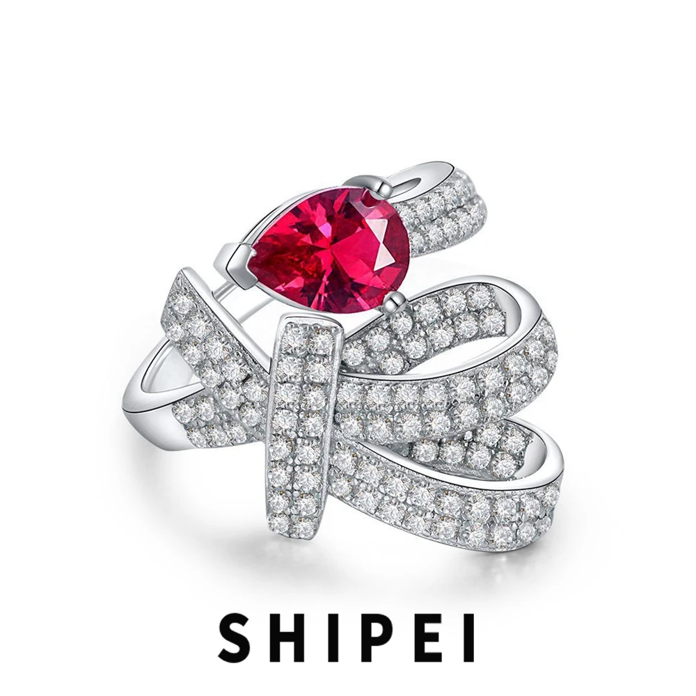

SHIPEI Luxury 925 Sterling Silver Pear Ruby White Sapphire Gemstone Cocktail Open Ring Wedding Engagement Fine Jewelry for Women