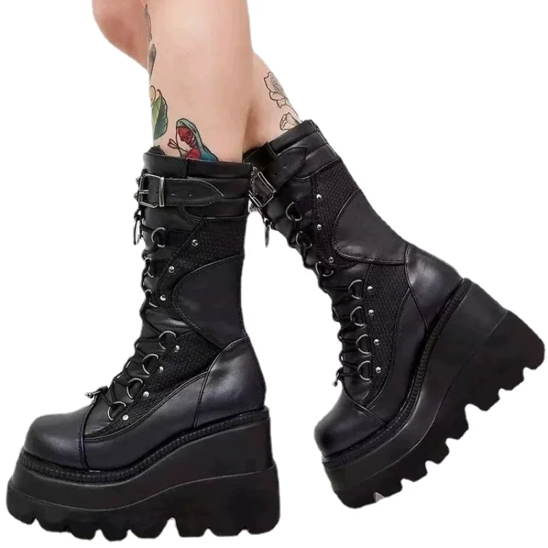 Gothic Punk Boots Women 2023 Autumn Winter Mid-calf Platform Wedges Demonia 9.5cm Thick-soled Motorcycle Boots Round Toe