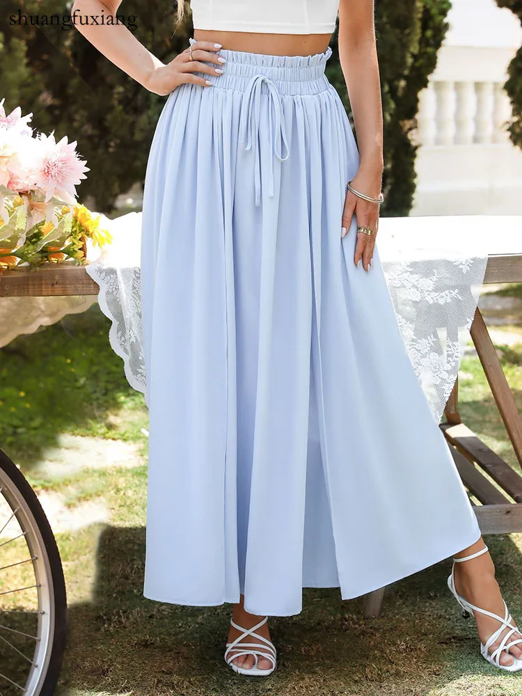 

White Casual Lace Up Maxi Skirts Women Elegant Summer Office Lady High Waist Split Skirts Boho Beach Holiday Solid Long Skirt