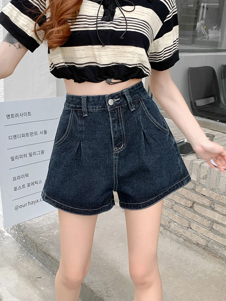Women Vintage Wide Leg High Waist Denim Shorts Spring Summer Female Streetwear Loose Button Jeans Shorts Bottoms