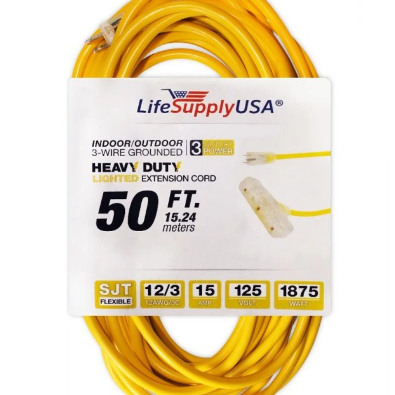 

50 ft Extension Cord 12/3 SJTW with Lighted 3-outlet - Yellow - Indoor / Outdoor Heavy Duty Extra Durability 15 AMP 125 Volts 18