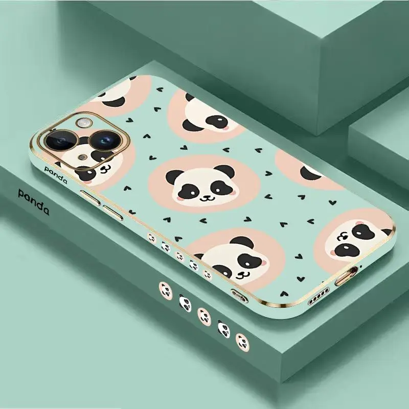 Love Panda Luxury Plating Phone Case For iPhone 14 13 12 11 Plus Pro Max Mini X XR XS SE2020 8 7 6 6S Plus Cover