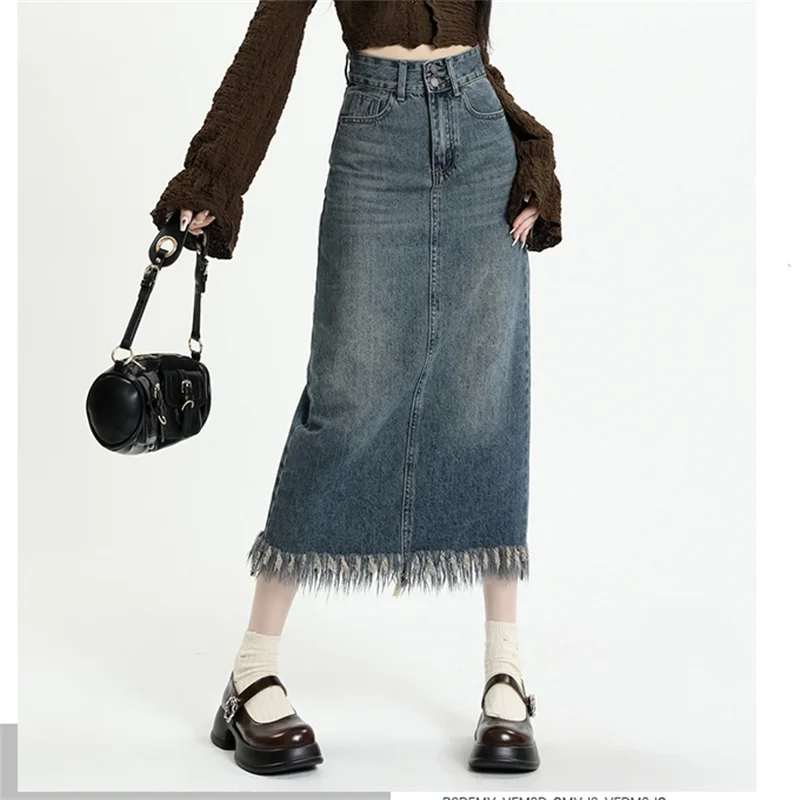 

Stylish High Waist Tassel Slit Denim Skirt For Women's Clothing Spring Summer Large Size Slim Split Jeans Skirts AC627