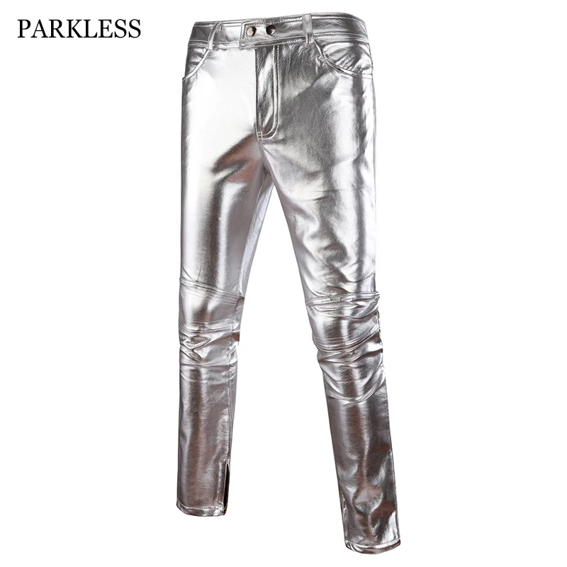 Motorcycle PU Leather Pants Mens Brand Skinny Shiny Gold Silver Black Pants Trousers Nightclub Stage Pants for Singers Dancers