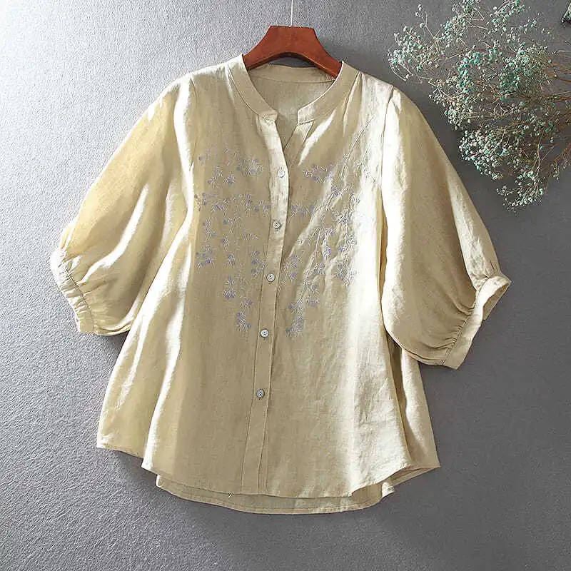 

2023 Summer New Ladies' Shirts Fashion Loose Leisure Heavy Industry Embroidery Flower Literary Ladies' Shirts Tops