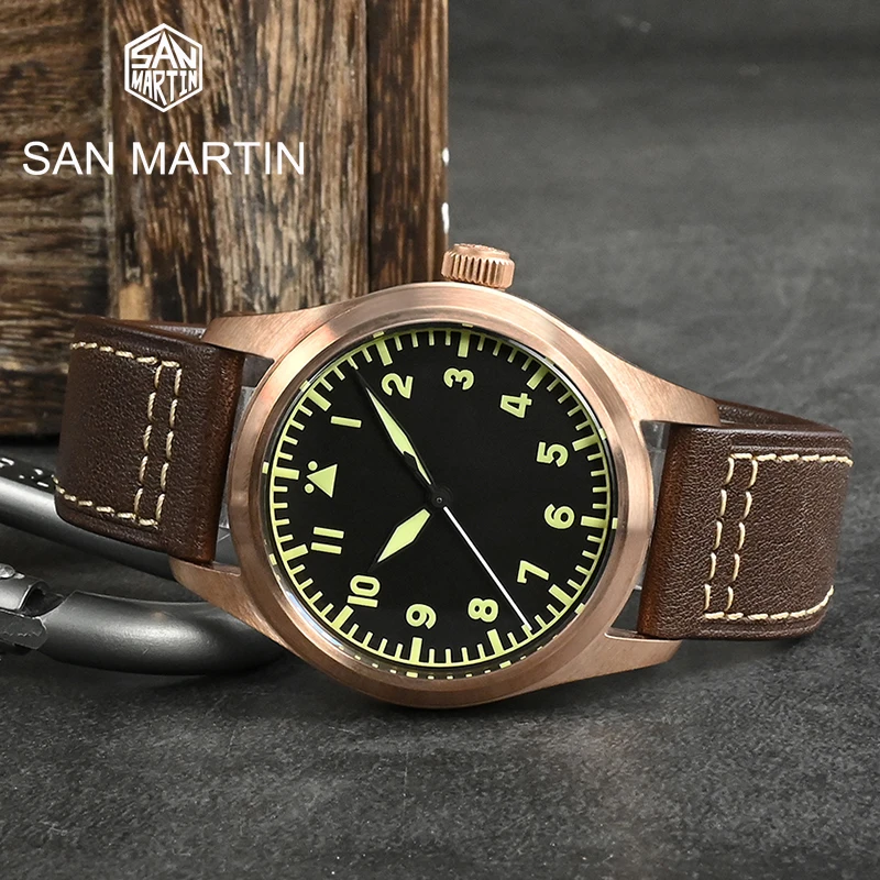 

Мужские механические часы San Martin Pilot YN55A, бронзовые часы с сапфировым стеклом и кожаным ремешком, автоматические часы C3, светящиеся часы 20 бар