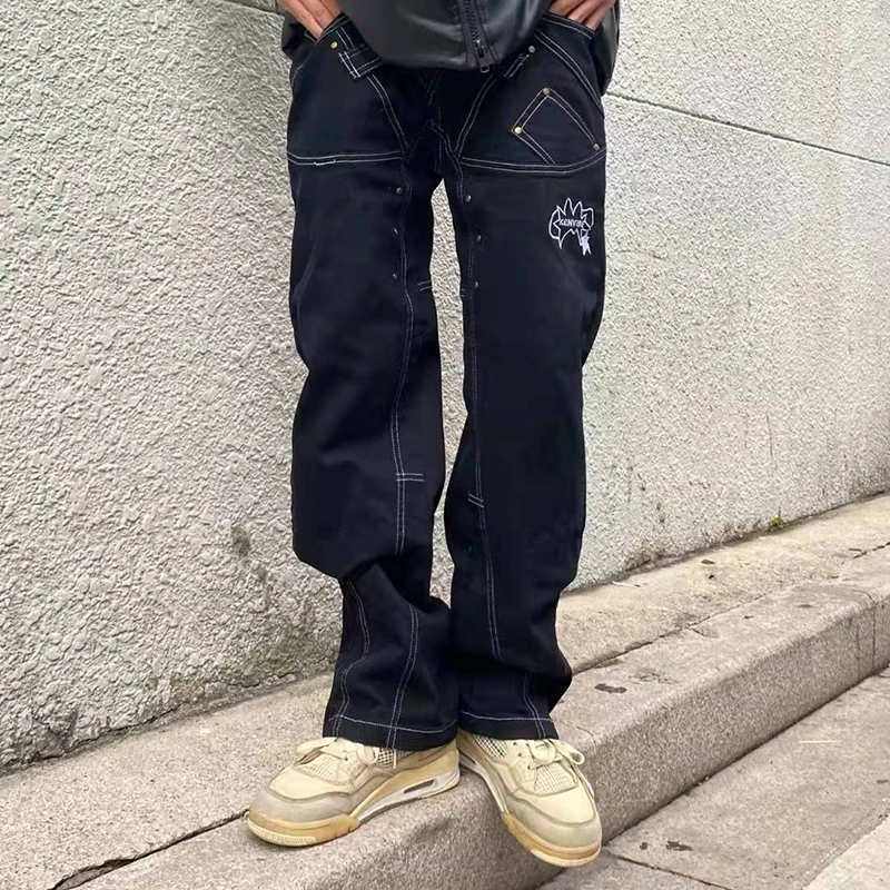 

Retro Ankle Zipper Button Pockets Embroidery Vibe Style Mens Jeans Pants Oversized Hip Hop Straight Baggy Couple Denim Trousers
