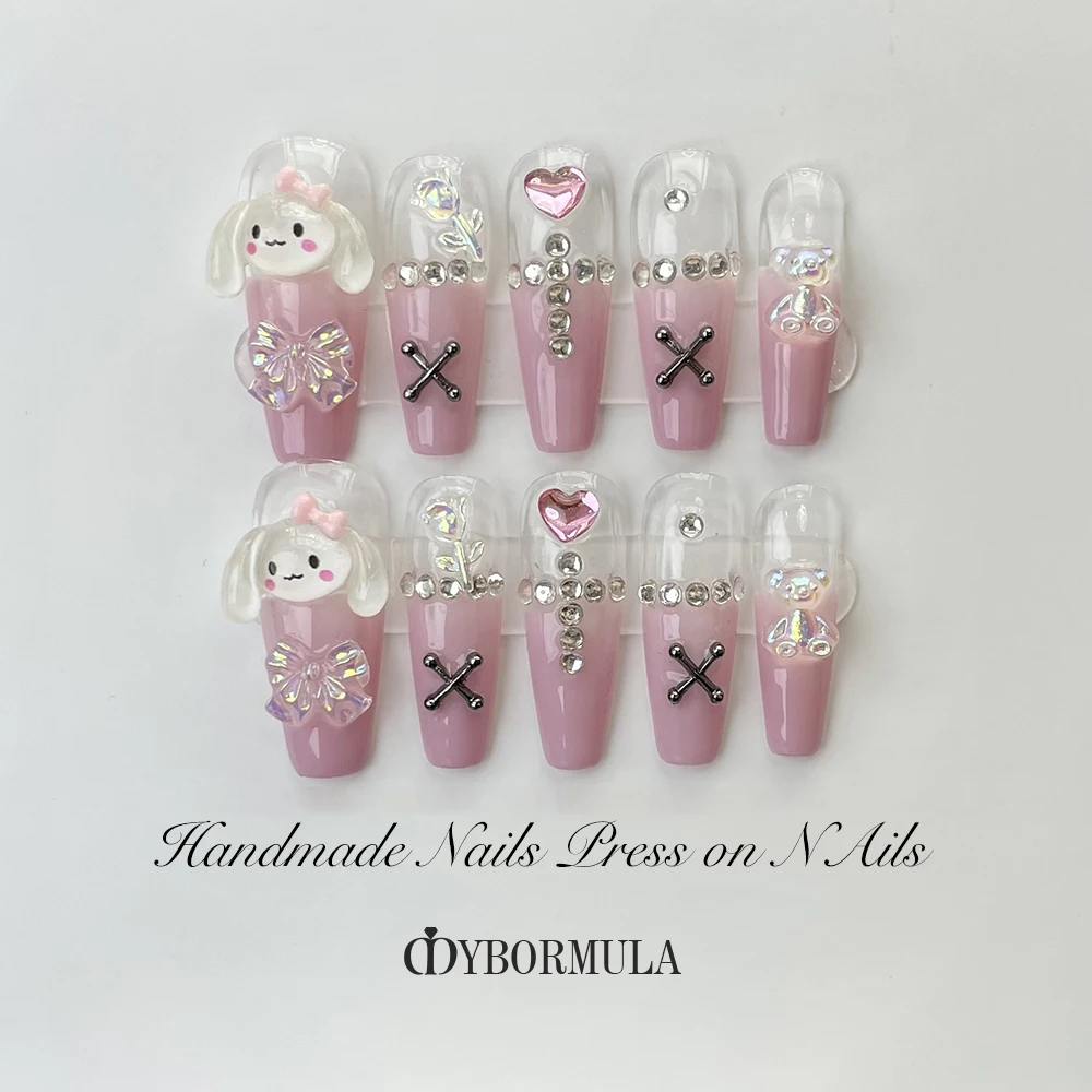 

Cute Dog Handmade Press on Nails Pre Finished Fake Nails pink style Handmade Nail Art with Design By Licensed Manicurist