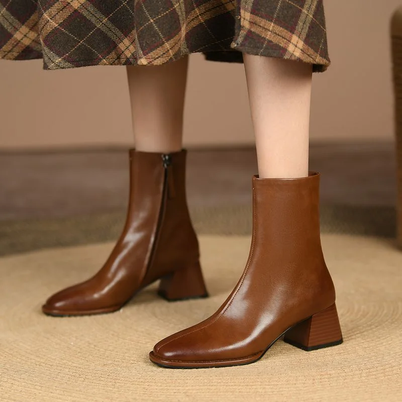 

Brown Boots Women Mid Heel Square Toe Martin Boots Shoes Women Leather Single Boots High-heeled Fashion Short Boots 2022 New