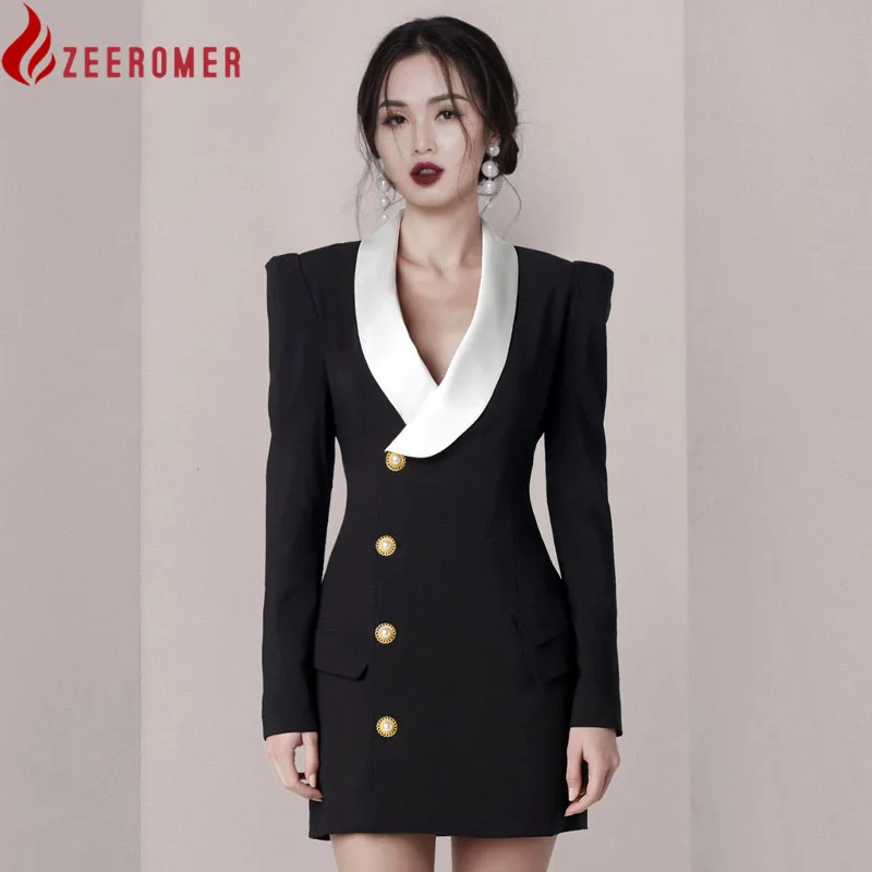 ZEEROMER Designer Women Temperament Dress Spring Fashion Single Breasted Long Sleeves Splicing Lapel OL Office Simple Lady Dress