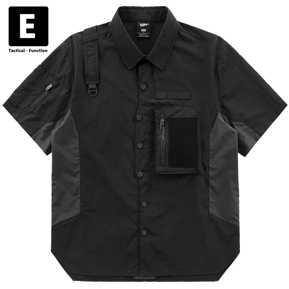 Black Techwear Cargo Shirt Men Spring Summer Short Sleeve Shirts Jackets Patchwork Shirt Streetwear Male