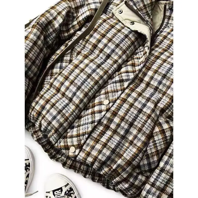 2022 Light Luxury Stand-Up Collar Yarn-Dyed Plaid White Goose Down Jacket Women's Winter Simple Thickening Warm Short Coat Women