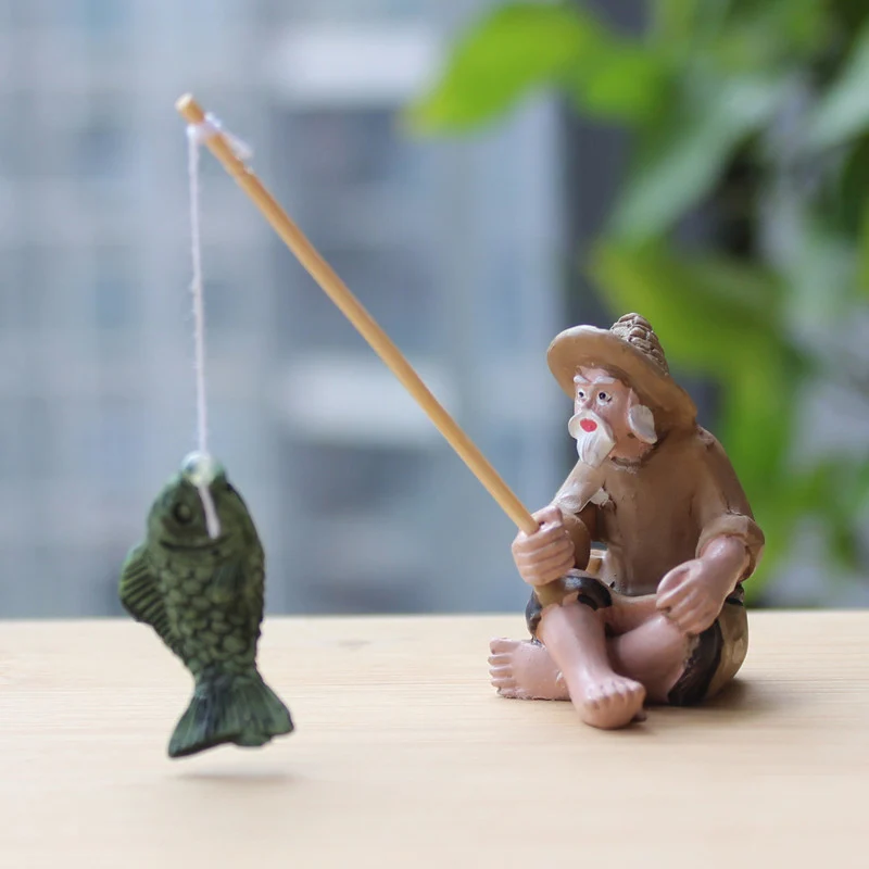 

Fishing Old Man Resin Figure Statue Garden Ornament Micro-Landscape Garden Craft 1pc