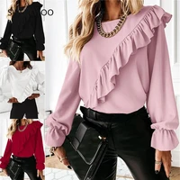 women ruffles pink blouse spring and autumn long sleeve tops o neck loose chiffon shirt korean office solid fashion blouse 2022