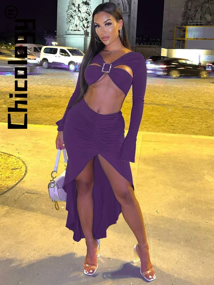 

Chicology 2022 Women Backless Lace Up Hollow Out 2 Pieces Skirt Set Sexy Elegant Party Festival Colthes For Business Wholesale