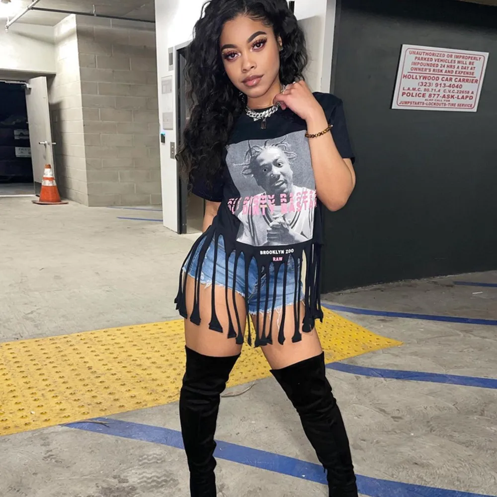 

Short-Sleeved T-Shirt Navel Hollowed Out Loose Loose Street Casual Style Top Women Round Neck Print Tassel Clothing y2k