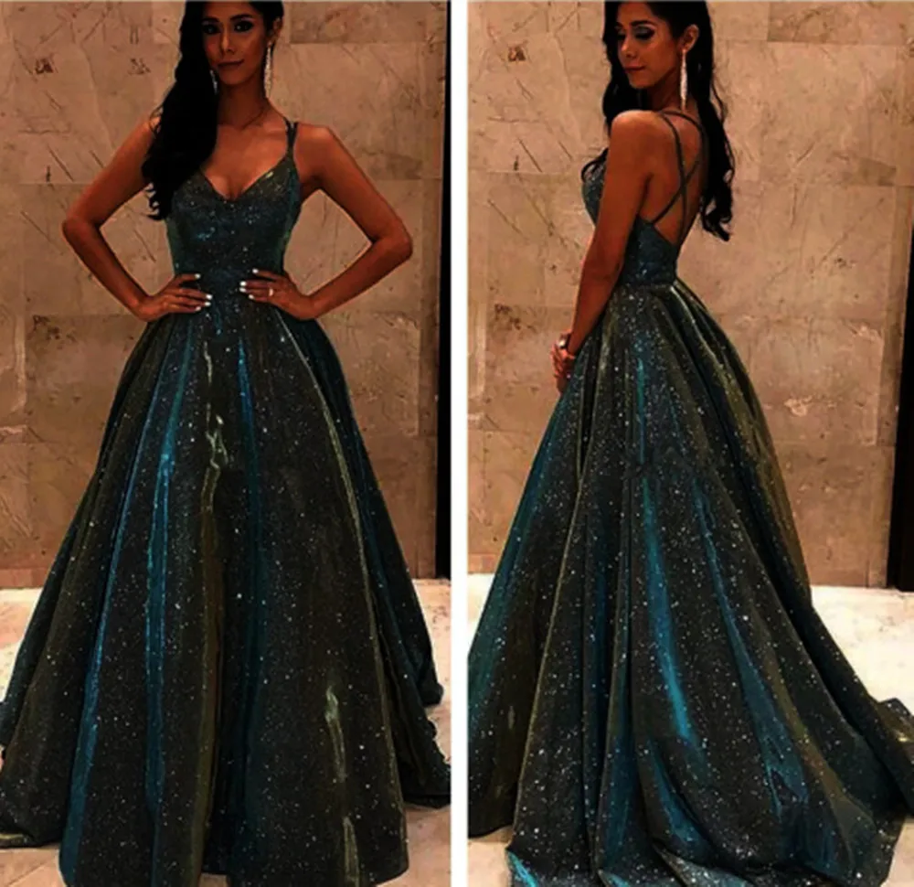 Women Elegant Prom Dress Sexy Sequin Spaghetti Deep V-neck Stitching Big Swing Gown Party Cocktail Evening Dresses