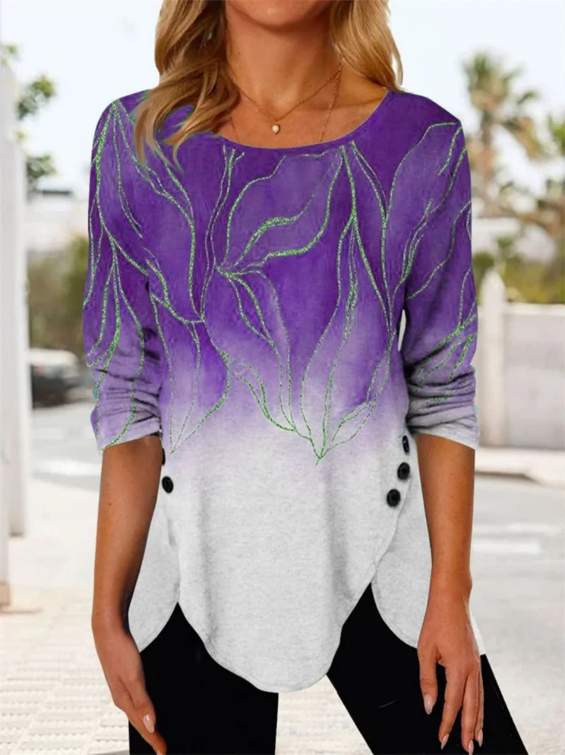 

Women's O Neck Mid Sleeve Pullover T-shirt Vintage Printed Button Patchwork Irregular Hem Loose Casual Female Tops 2022 Autumn