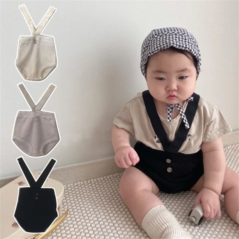 2023 Newborn Baby Summer Ribbed Overalls Shorts Solid Cotton INS Korea Clothes Style Boys Girls Elastic Waist Suspender - купить по