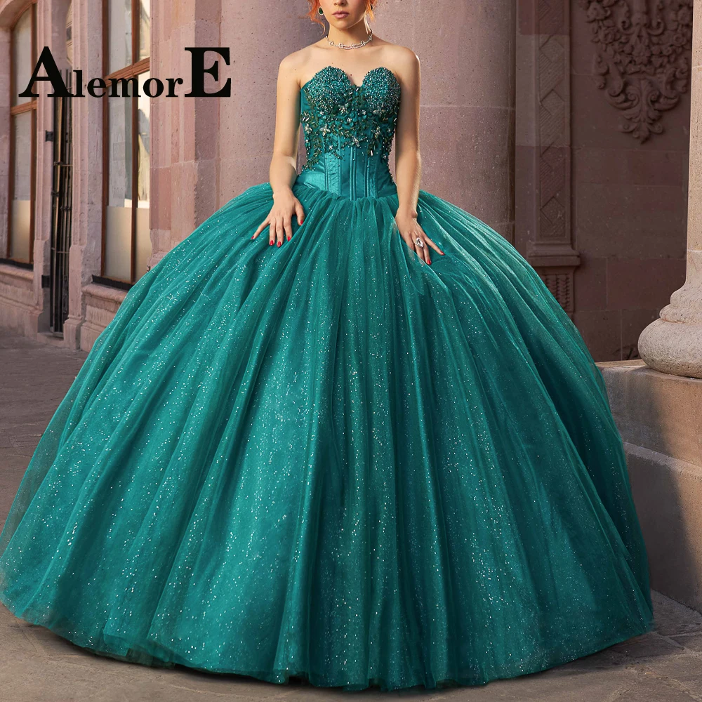 

Alemore Glitter Chic Ball Gown Quinceanera Dresses Sweetheart Beading Appliques Sleeveless Pleat Customised Vestido De 15 Anos