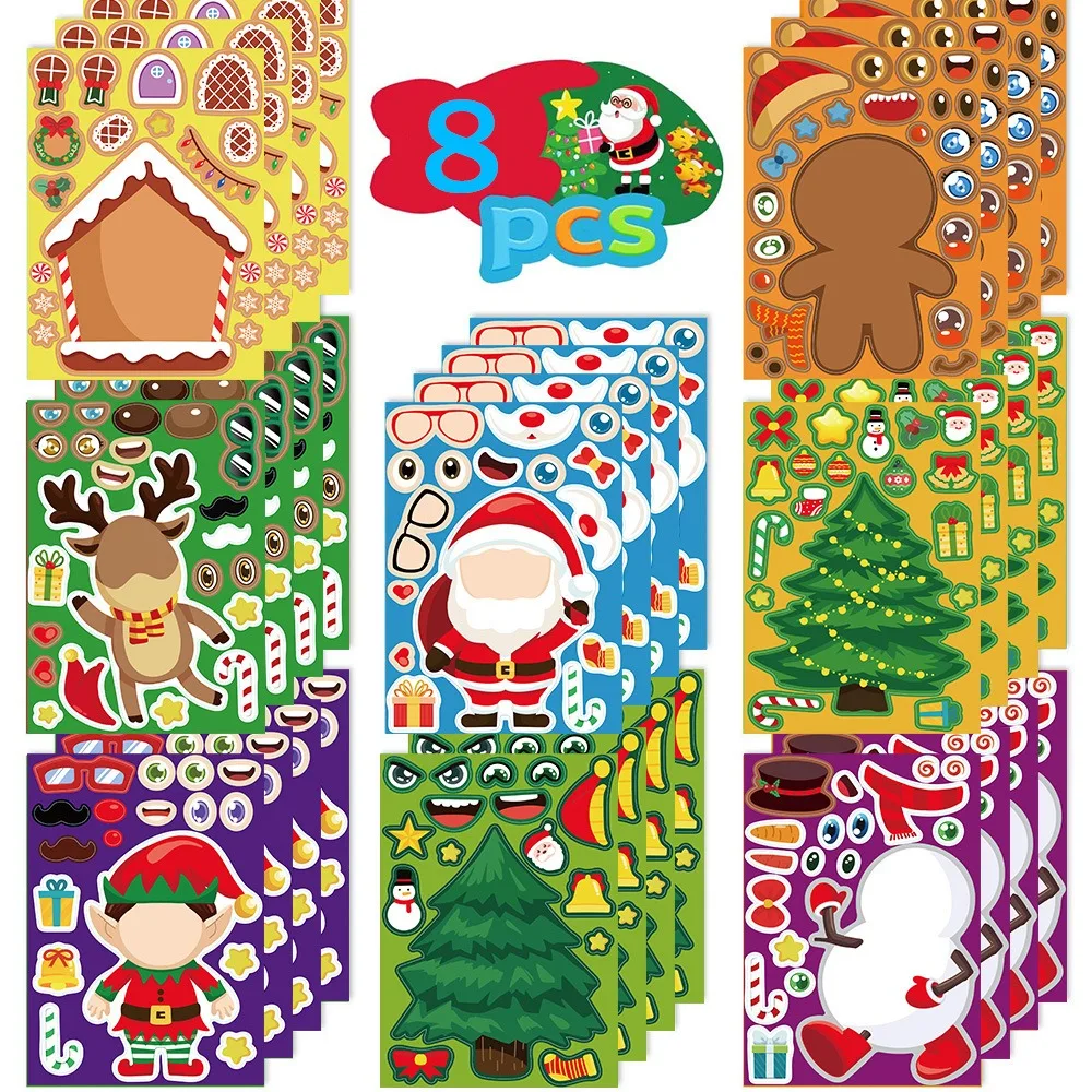 

8Sheets Children DIY Puzzle Sticker Toys Santa Christmas Tree Socks Make a Face Assemble Stickers Kids Boys Girls Christmas Gift