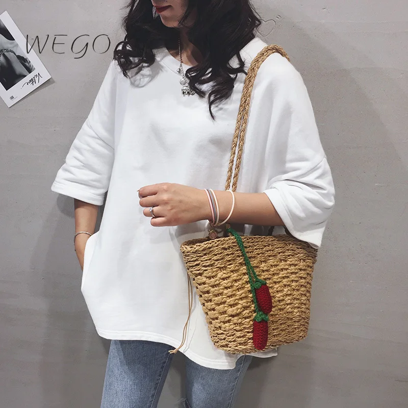 

Large-capacity Woven Shoulder Bag Straw Woven Bag Female 2022 New Summer Single Shoulder Messenger Bucket Bag Boho Hand-knitted