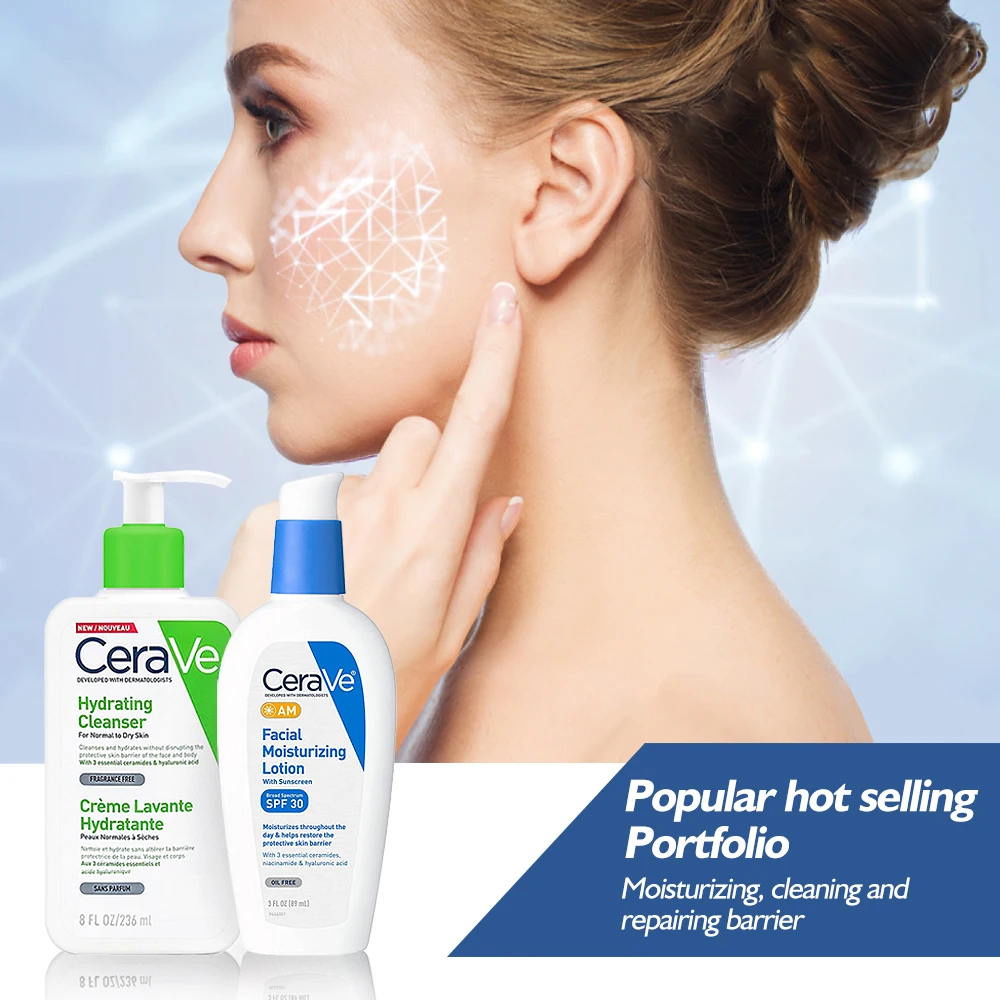 

Увлажняющий лосьон для лица CeraVe AM/увлажняющее очищающее средство для лица с SPF30, увлажняющее средство для осветления тона кожи, Никотинамид