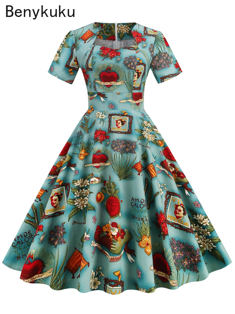 

Print Elegant Dresses for Women Short Sleeve 1950s Retro Summer Clothes 2022 Cotton Robe Femme Rockabilly Vintage Swing Dress