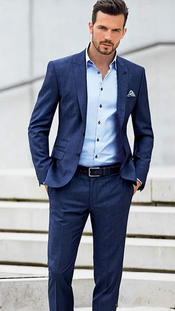 Elegant Blue Notch Lapel Men Suits 2022 Tailored One Button Groomsman Wedding Tuxedos Business Men Work Suits (Jacket+Pants)