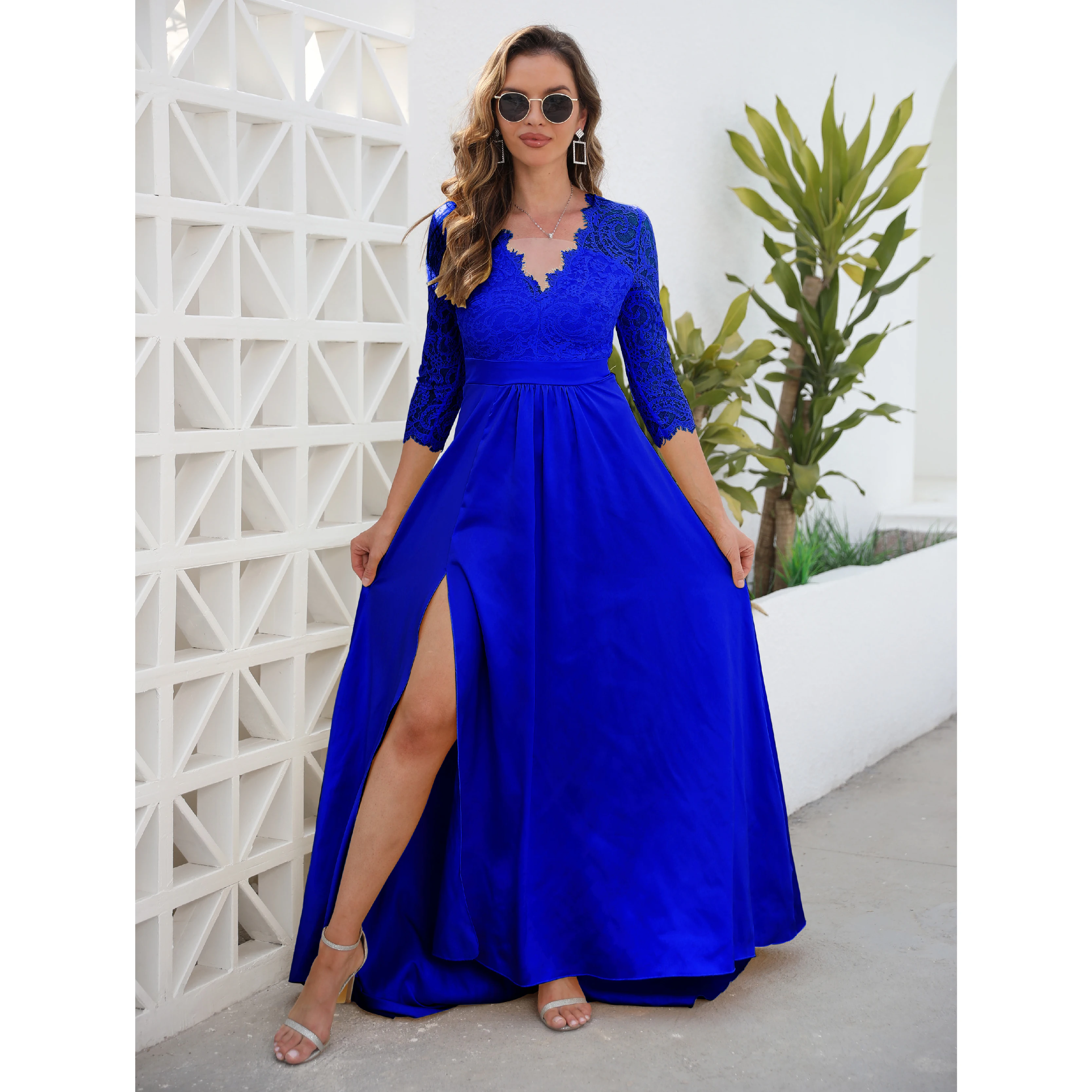

2022 Women Sexy V Neck Bodycon Dress Party Club Hollow Out Maxi Dress Elegant Summer Chic Long Sleeve Satin Ball Gown Vestido