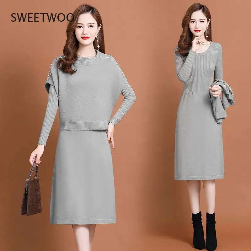 

Autumn New Fashion Temperament Solid Color Round Neck Top Skirt Two-Piece Dress
