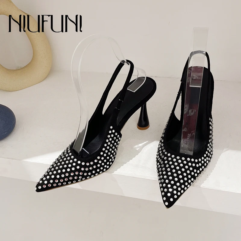 

NIUFUNI Pointed Rhinestone Elastic Belt Slingback Women's Sandals Solid Thin High Heels Elegant Dress Shoes For Women Stiletto