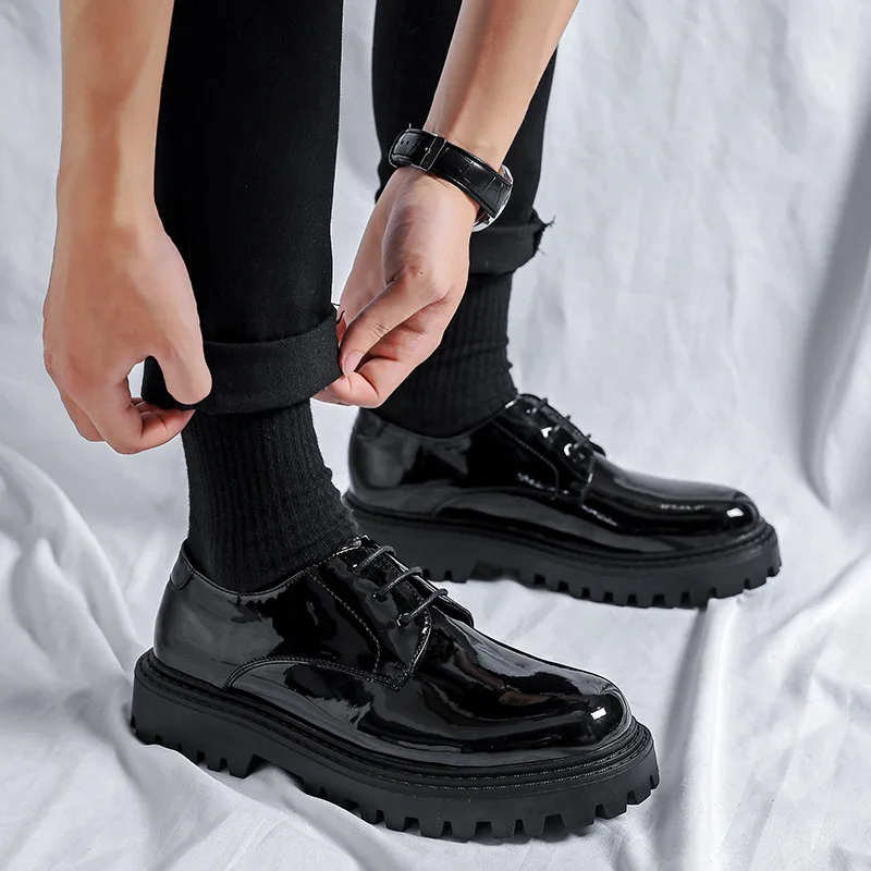 

mens fashion wedding party dress patent leather shoes lace-up platform shoe young gentleman footwear breathable footwear zapatos