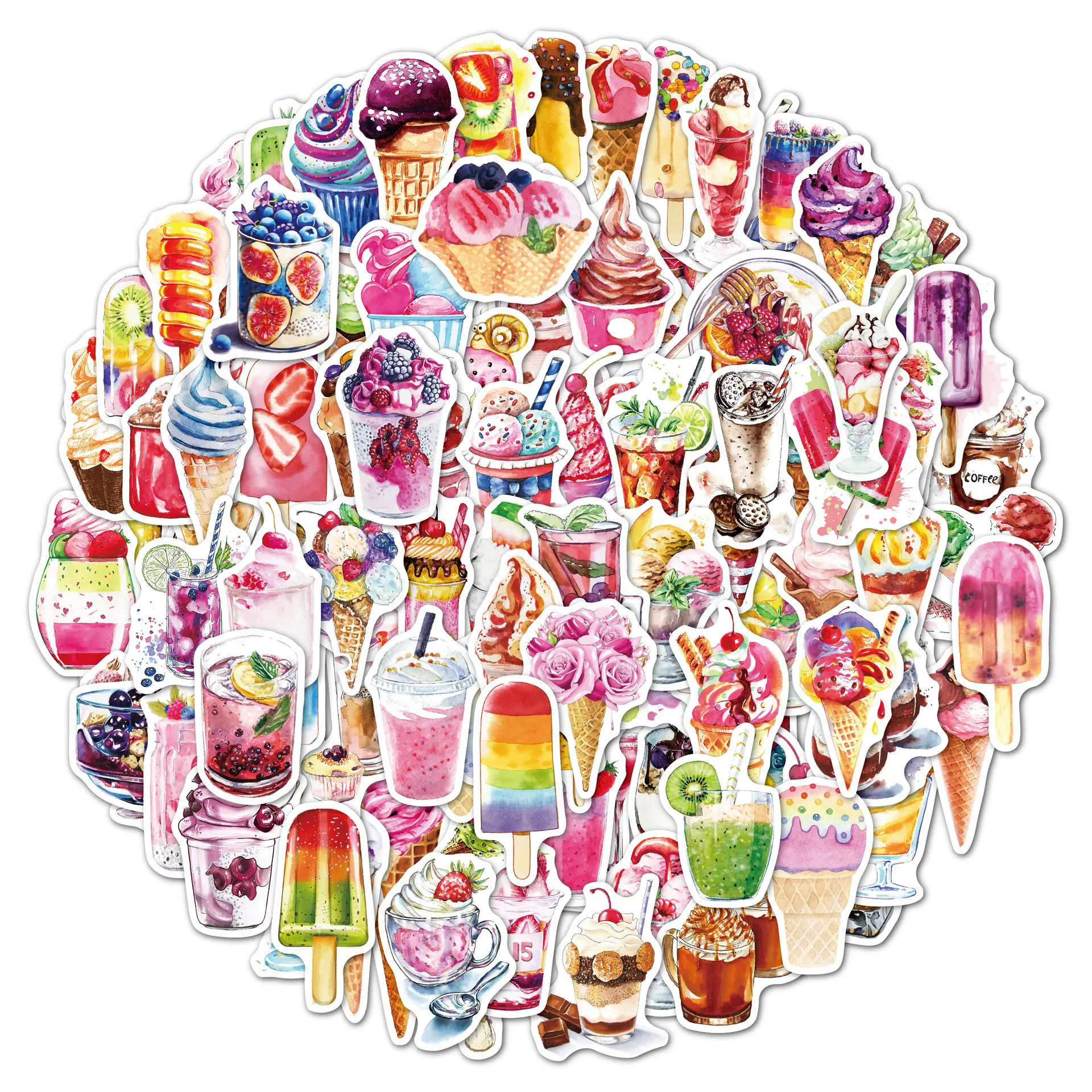 100PCS Food Colorful Kawaii Stickers Ice Cream Cute Stickers Luggage Laptop Phone Waterproof Children Graffiti Sticker Decals