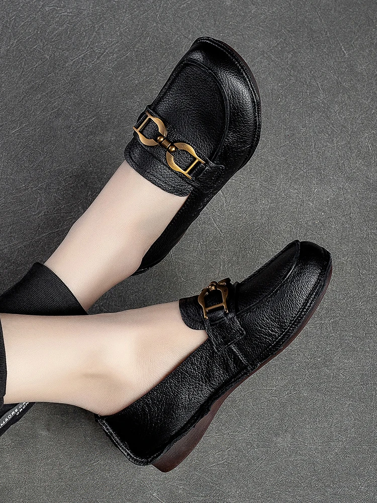 Beffery Women's Flats Cow Leather Loafers Handmade Moccasin With Round Toe And Soft Sole Flats Shoes Women