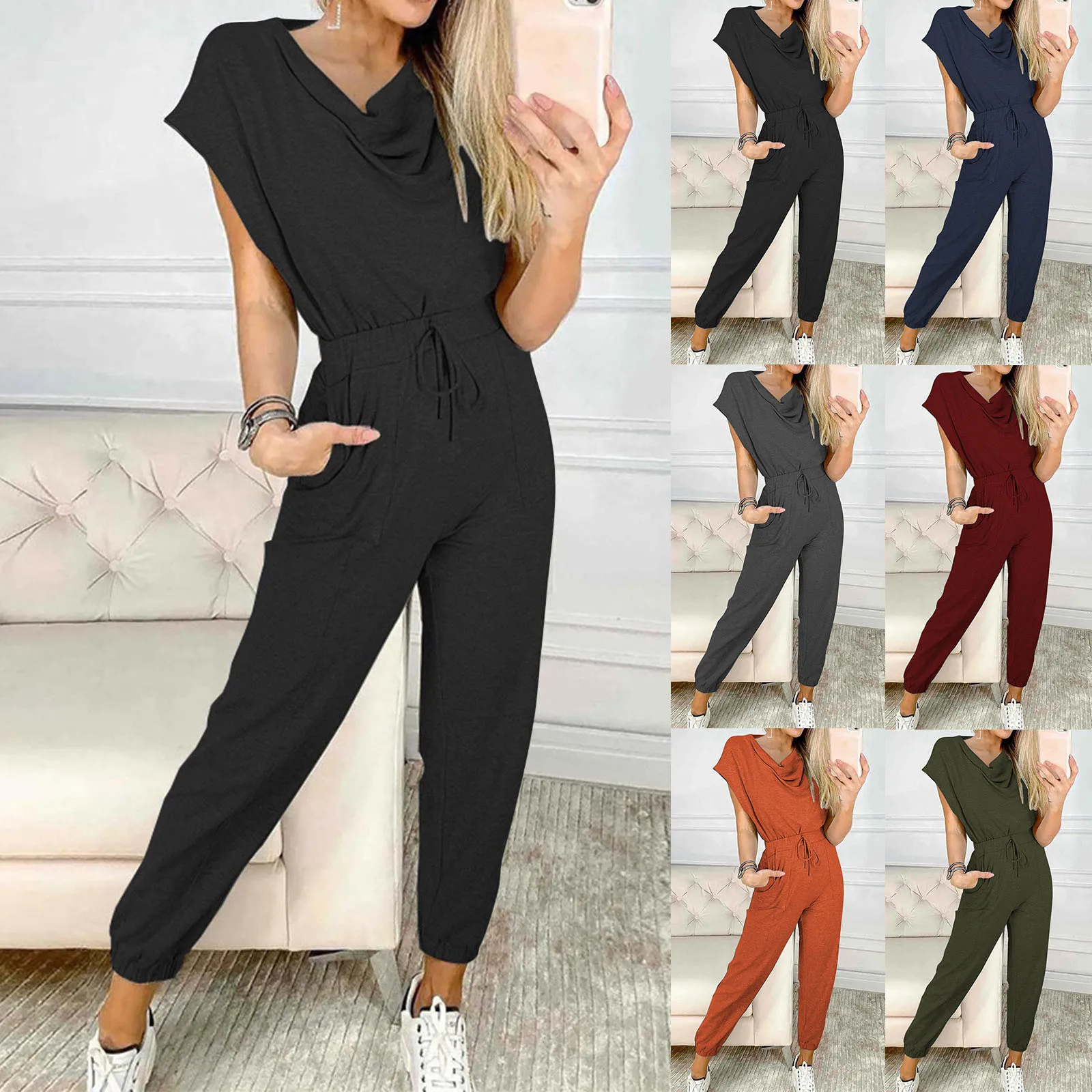 

Комбинезон женский однотонный с завышенной талией, Модный повседневный деловой костюм с карманами, синий, на завязках, на лето